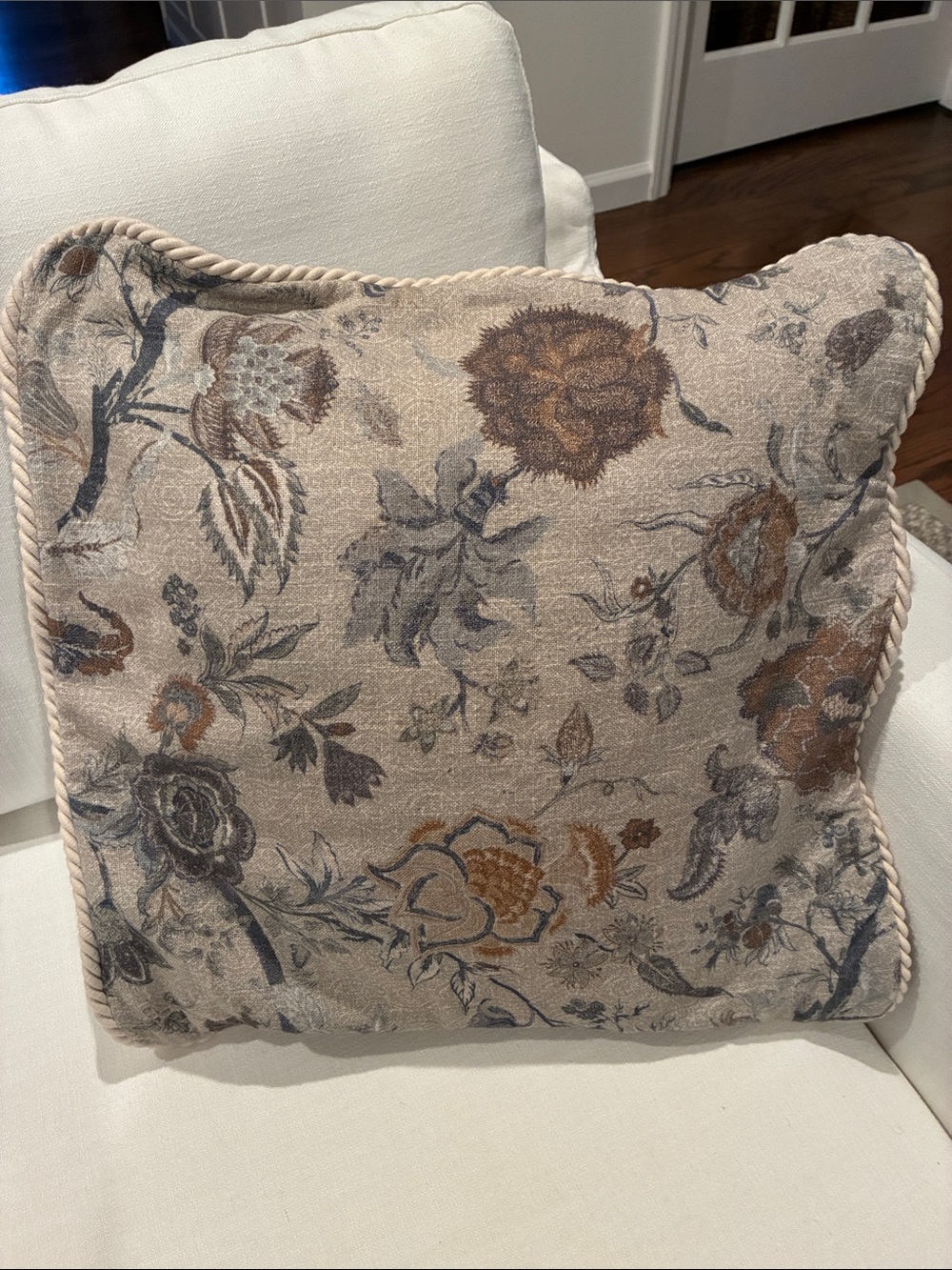Beige and Brown Floral Jacquard Accent Pillow with Rope Trim